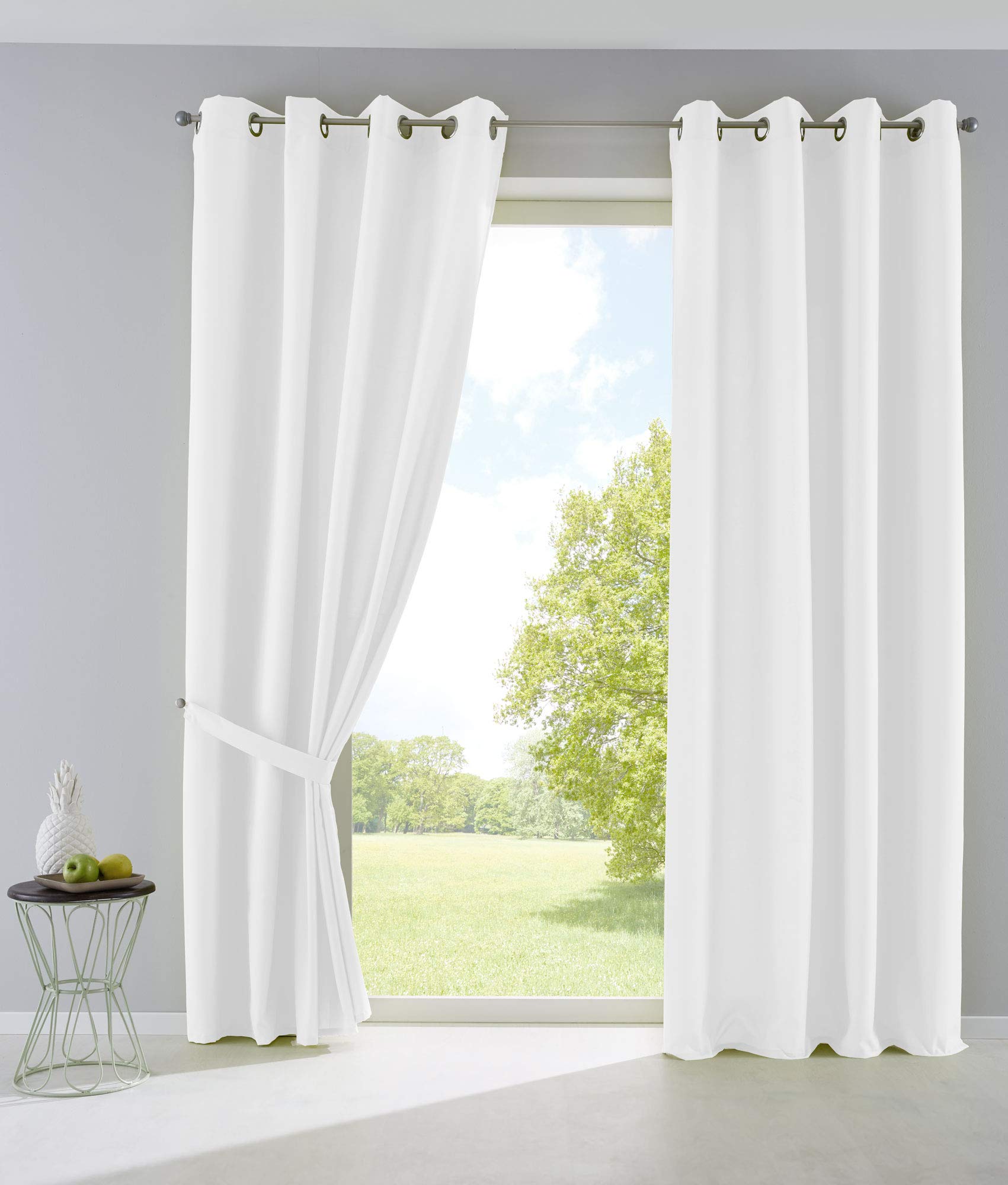Gardinenbox Palermo 10000265-2 Set of 2 Opaque Curtains Matt Translucent with Eyelets and Tie Backs Decorative Curtain H x W 245 x 140 cm White