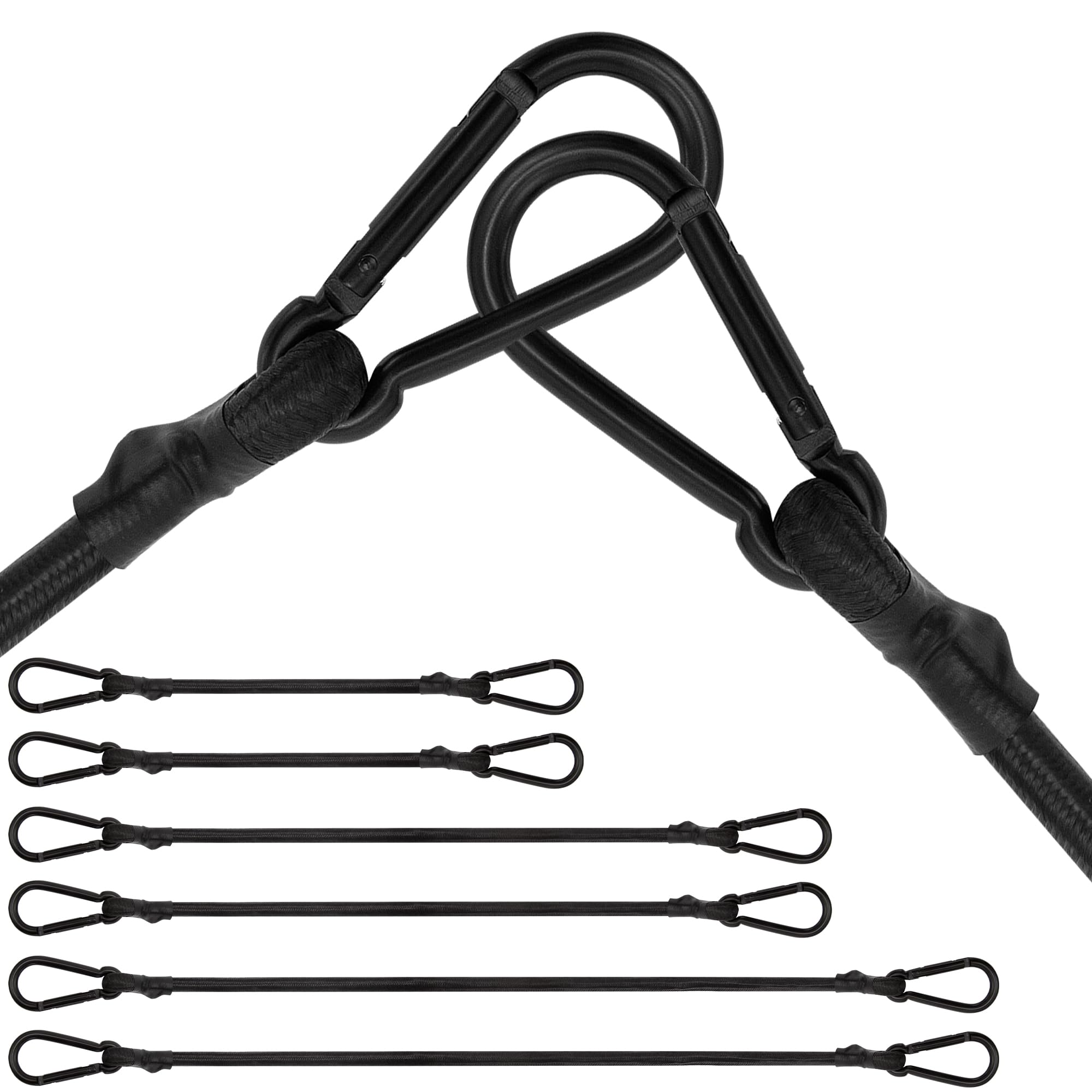 Bungee Cords - 6 Pack Black Heavy Duty Long Bungee Cord Assorted Size 30cm, 60cm, 80cm, Extra Strong Bungee Straps with Carabiner Hooks for Camping, Tarpaulins, Bike Rack, Car