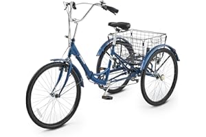 Viribus Foldable Adult Tricycle, 7 Speed Folding Tricycle for Adults with Large Detachable Basket, 3 Wheel Folding Bikes for Men Women Seniors, Adult Tricycle Folding 26 inch Dark Blue