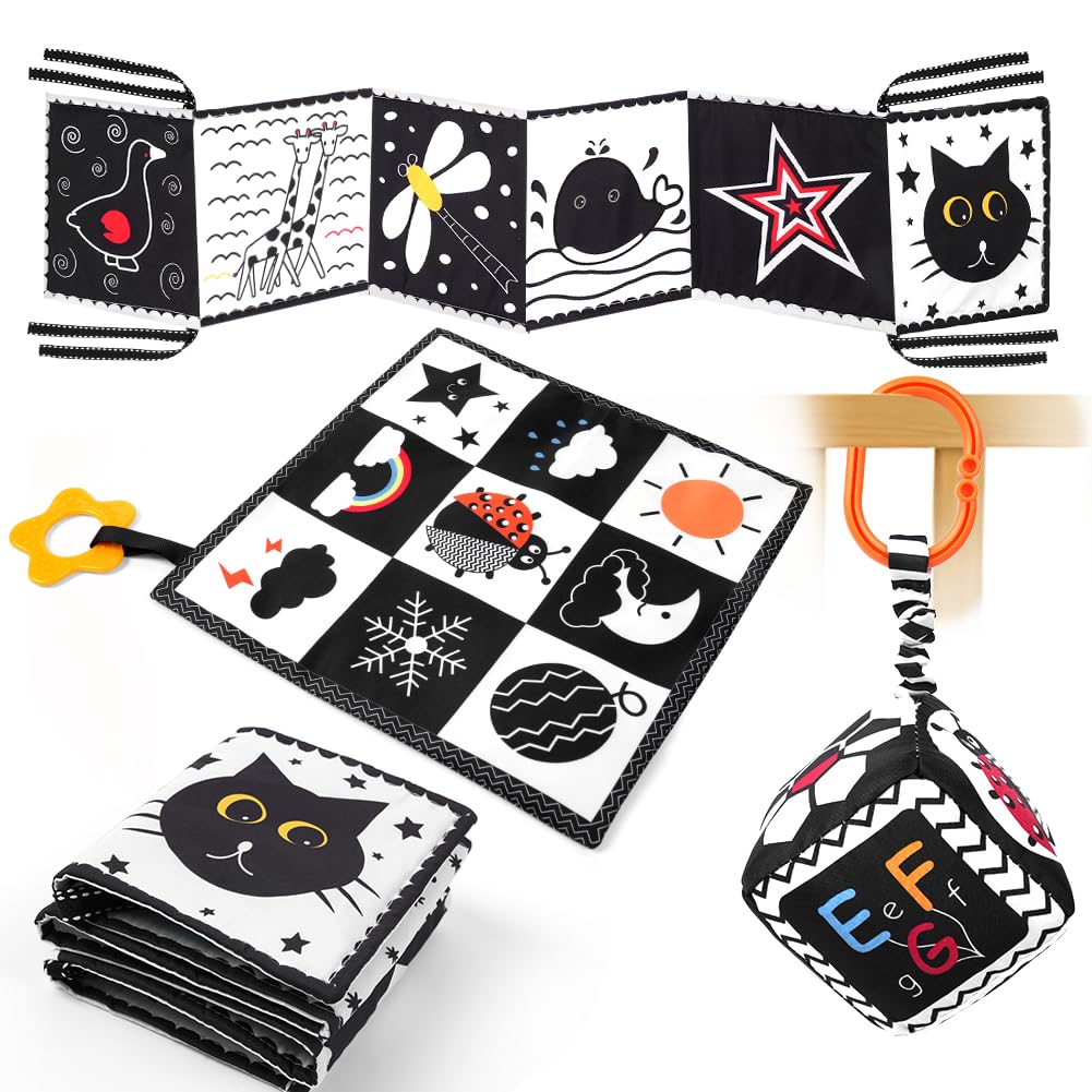 Aolso Baby Black and White Sensory Toys, 3 Pcs High Contrast Baby Toys, Montessori Toys for Babies Sensory Soft Book for Early Education, Infant Tummy Time Toys Baby Rattles Hanging Toys