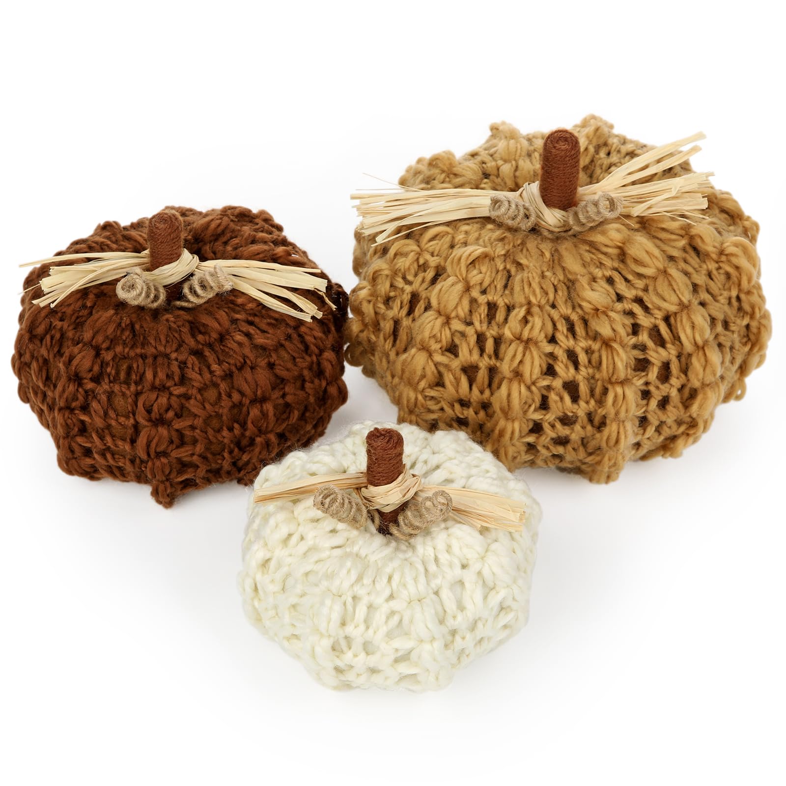 Photo 1 of Briful Extra Large Handmade Knitted Pumpkins Set of 3 – Cozy Fall Décor in Caramel, Brown & Cream, Rustic Yarn Crocheted Pumpkins with Raffia Stems for Thanksgiving Table Farmhouse Autumn Displays