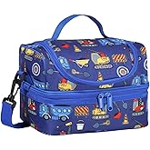 Kasqo Lunch Box Bag for Boys, 6.5L Insulated Reusable Dual Decker Compartments Cooler Bag for Kids/School/Picnic/Travel Construction Vehicles