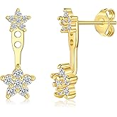 ZRU Gold Flower Stud & Dangle Earrings for Women, 14k Gold Plated Small Flower Double Cubic Zirconia Earrings Cartilage Studs, Hypoallergenic 925 Sterling Silver Post Christmas Jewelry Gifts