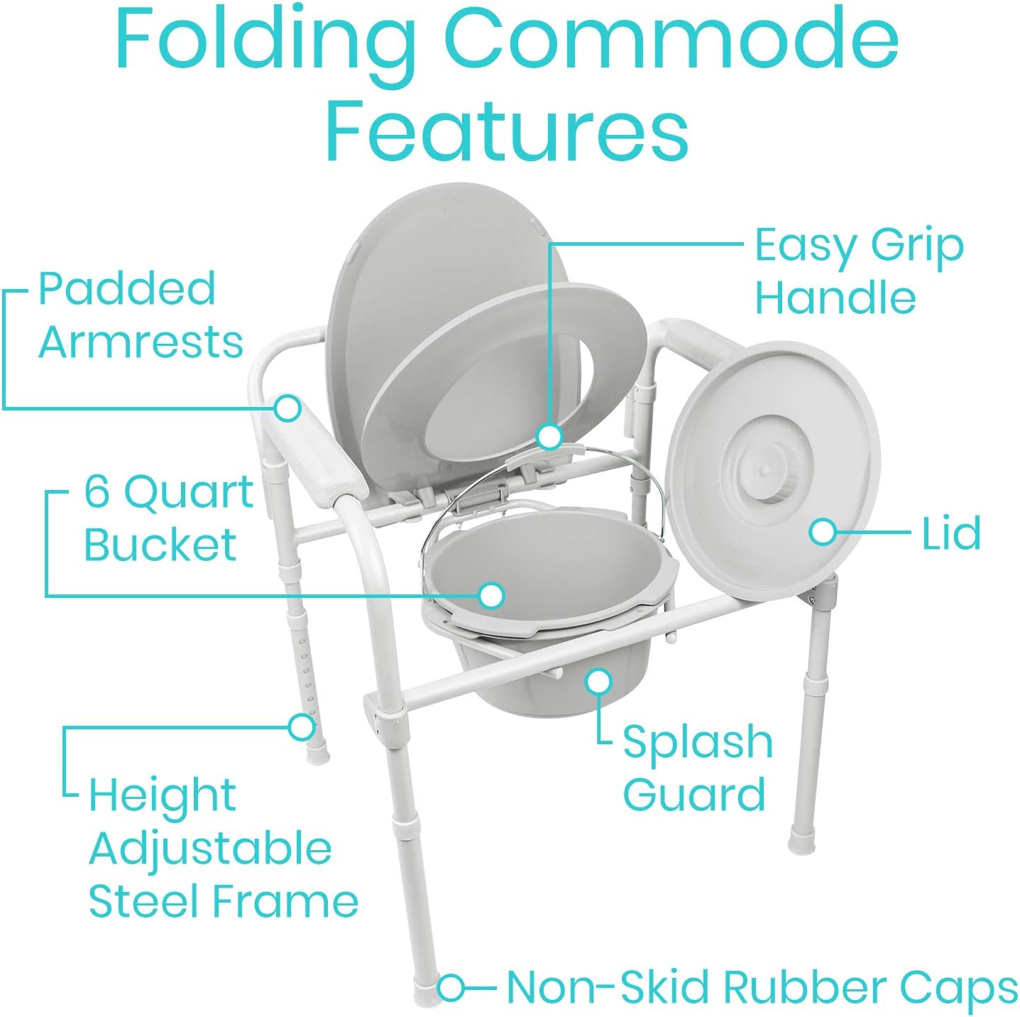 Vive Bedside Commode - Narrow Folding Toilet Seat for Adults, Handicap, Elderly - Fits Most Liner - Adjustable Height, Portable, Lightweight, Wide 3 in 1 Medical Toilet Chair Stool with Lid: Health & Personal Care