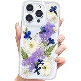 Abbery for iPhone 15 Pro Max Case Clear with Purple Blue White Pressed Flower Design Cute Silicone TPU Real Dried Floral Aesthetic Protective Shockproo Women Girl's Phone Cover(Navy Flower)