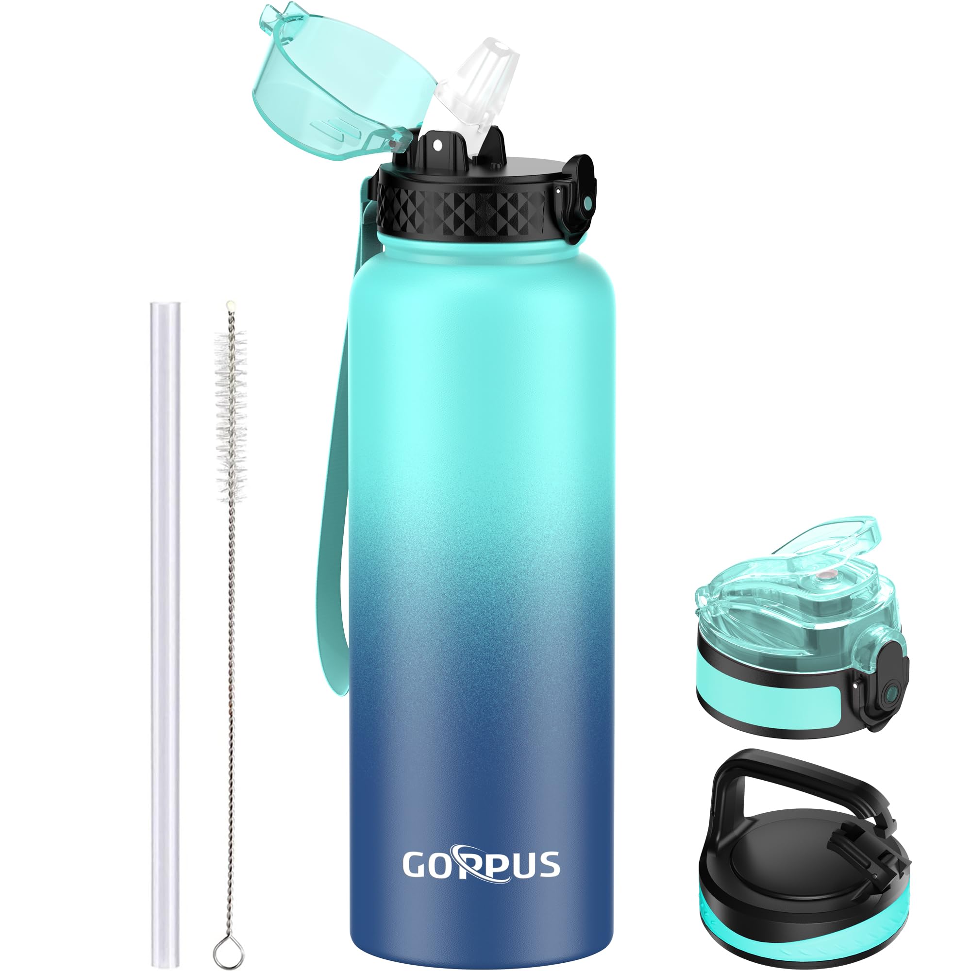 GOPPUS 1.2L/40oz Stainless Water Bottle with Straw Double Wall Insulated Bottles with Strap Large Vacuum Thermal Flask Leakproof Keep Cold Drinks Bottles with Flip Top Lid for Men Women BPA Free