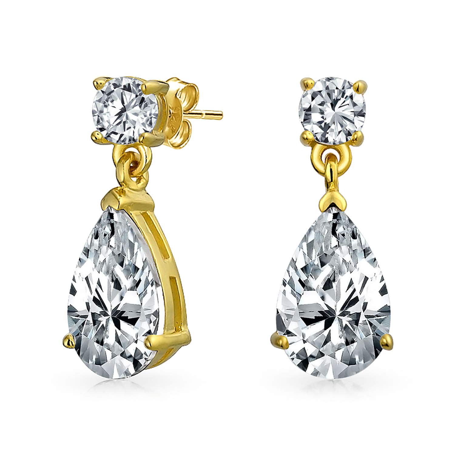Classic Bridal Simple Cubic Zirconia Teardrop AAA CZ Dangle Drop Earrings For Women Prom Gold Plated .925 Sterling Silver Large 12MM — image 1