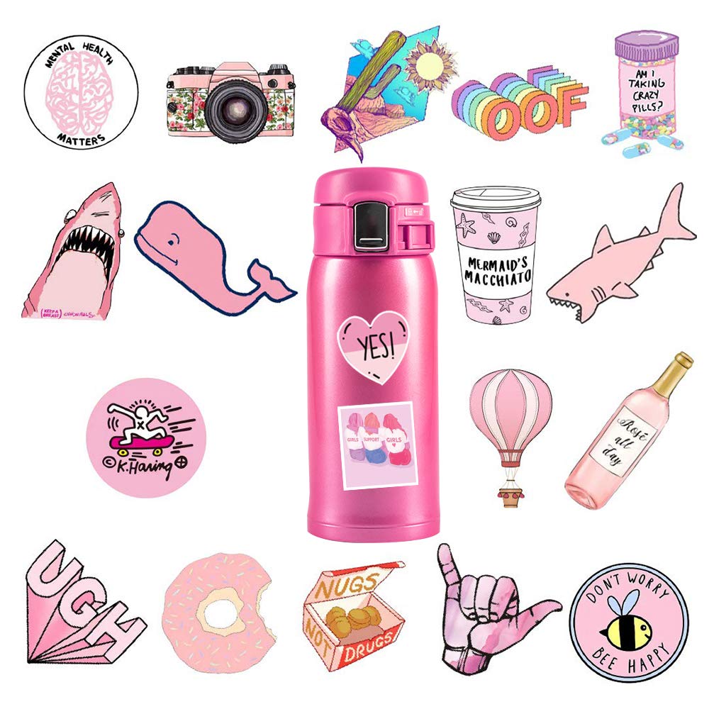 Sunvito Stickers for Water Bottles, 53 Pack Laptop Stickers for Guitar, Skateboard, Phone, Luggage, Cute Waterproof Stickers for Teens, Girls, Kids (Pink)