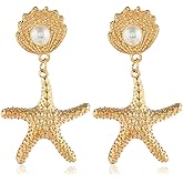 Boho Shell Starfish Stud Earrings for Women,Statement Beach Star Pearl Dangle Drop Earrings Mermaid Costume Jewelry Gifts
