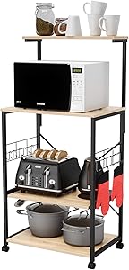 Bestier Kitchen Baker's Rack with Oven Mitts and 10 Side Hooks Utility Storage Shelf Microwave Stand Cart on Wheels, Kitchen Organizer Rack 4 Tier Shelves Adjustable Feet (Oak, Red Mittens)