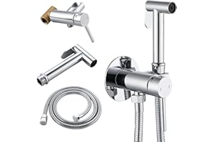 BARROCK Warm Water Bidet Sprayer Faucet for Toilet with Hot and Cold Brass Rough-in Valve, Stainless Steel Round Handheld Bidet Attachment Set for Feminine, Pets and Baby Diaper Washing, Chrome