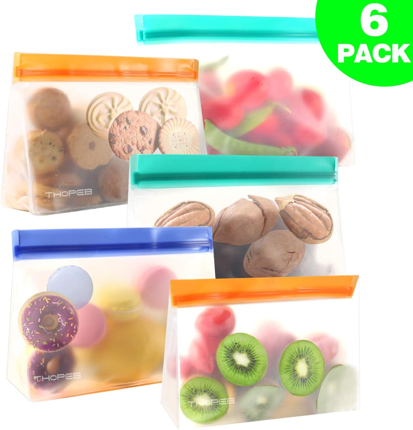 Reusable Snack Bags(Set of 6, 32 oz) Reusable Sandwich