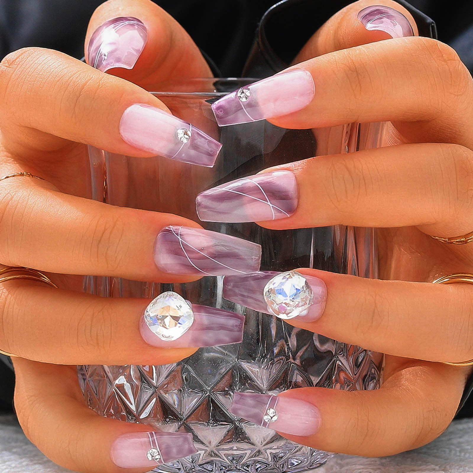 Sethexy Long Coffin Handmade False Nails - Purple Gradient, French Tip, Rhinestone Press on Nails Women Salon Stick on Nails 10PCS — image 1