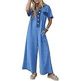 Fisoew Womens Casual Loose Jumpsuits Short Sleeve V-Neck Button Down One Piece Outfits Wide Leg Summer Long Pant Rompers