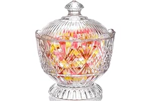 Lyellfe Glass Candy Dish with Lid, 40 Oz Large Clear Covered Cookie Bowl, Decorative Embossed Food Storage Container for Cand