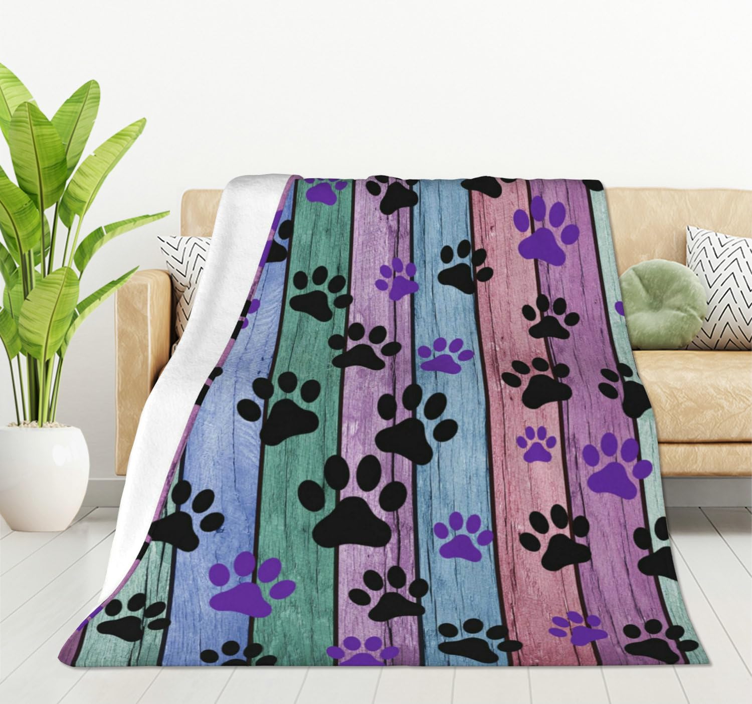 HGOD DESIGNS Dog Paw Throw Blanket Rustic Rainbow Woodgrain Black and Purple Dog Paw Soft Blankets and Throws 100x130cm Caring for Women Men