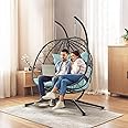 Anranni 2 Person Double Egg Swing Chair with Stand Indoor Outdoor, Hammock Egg Chair Outdoor, Patio Wicker Hanging Egg Chair w/Cushion 700LBS Capacity for Bedroom, Balcony, Garden, Blue