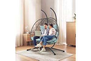 ANRANNI 2 Person Double Egg Swing Chair with Stand Indoor Outdoor, Hammock Swing Chair Foldable Hanging Chair, Patio Wicker Hanging Egg Chair w/Cushion 700LBS Capacity for Bedroom, Balcony, Garden, Blue