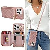 Hamany Crossbody Wallet Case for iPhone 16 Pro, PU Leather Zipper Handbag Purse Flip Cover, Kickstand Folio Case with Card Slots Holder Wrist Strap Lanyard 5G 6.3 Inch-Rose Gold