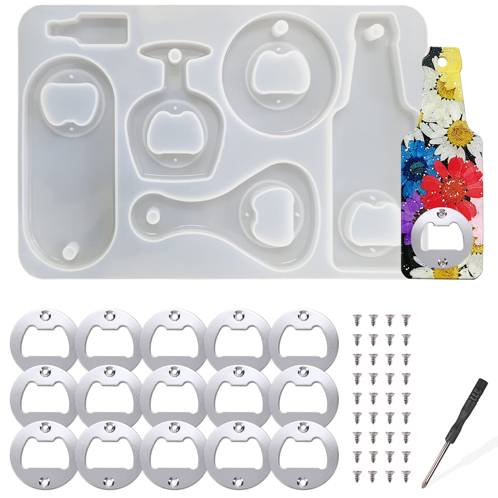 MaehSab Bottle Opener Resin Molds Set, Beer Opener Silicone Epoxy Keychain Molds + 15 Pcs Metal Opener Inserts Hardware, DIY Craft Making Corkscrew Bottle Opener Casting Molds