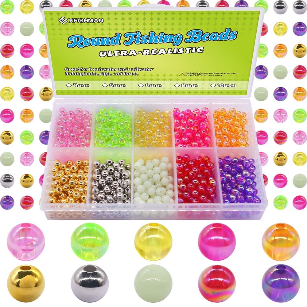 Photo 1 of XFISHMAN Fishing Beads - 1000-Piece Assortment (5mm, 6mm, 8mm) - 10 Color Variety - Saltwater & Freshwater Ready - Trout, Salmon, Catfish, Walleye, Bass, Pike, Crappie, Perch