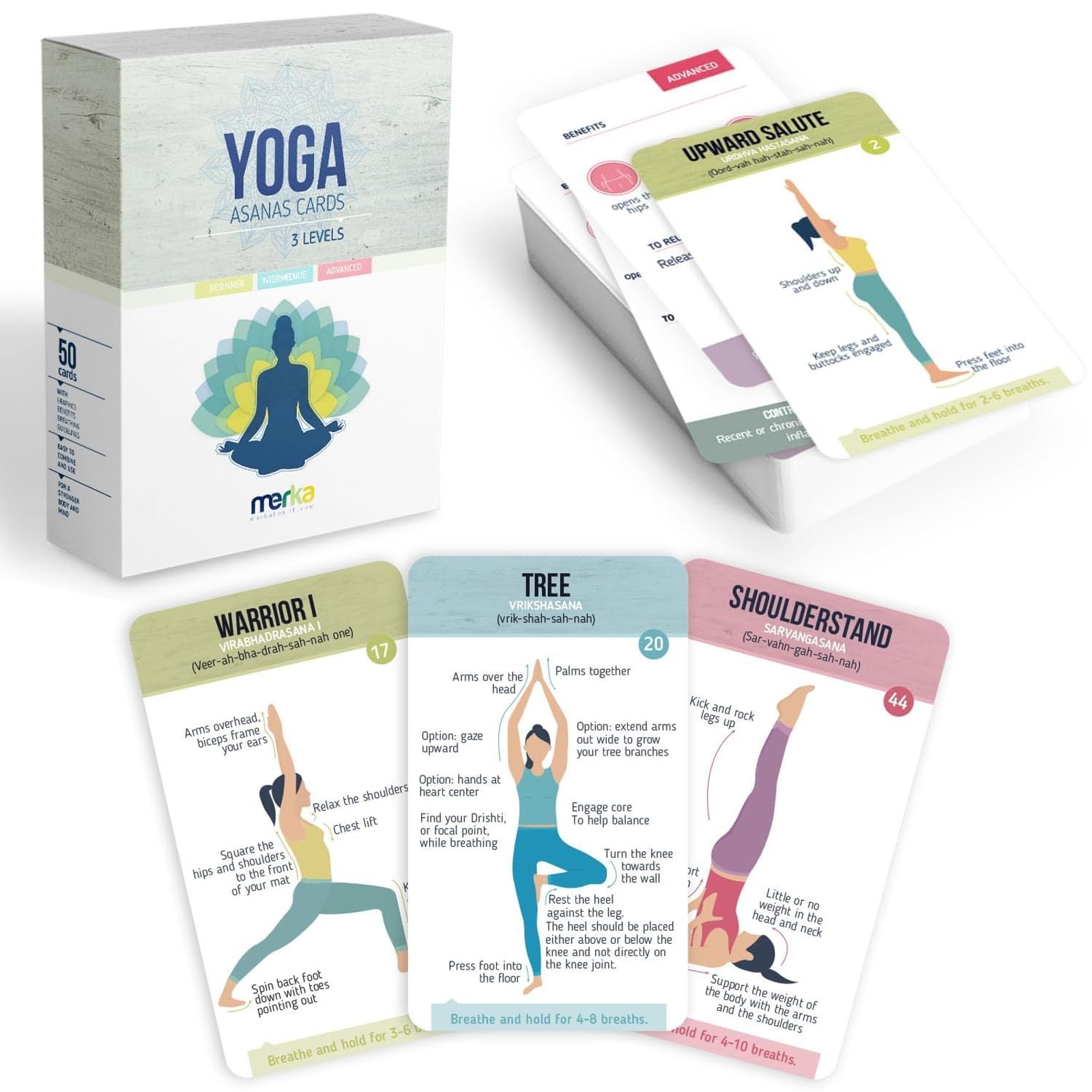 Merka Yoga Cards - 50 Flash Cards with Yoga Poses, Exercises & Positions for Women Beginners