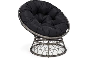 KROFEM Comfy Rattan Wicker Papasan Circle Chair, Living Room Chair, 360 Swivel Saucer Ideal for Patio, Bedroom, Living Room, Indoor and Outdoor, Grey Frame with Black Cushion