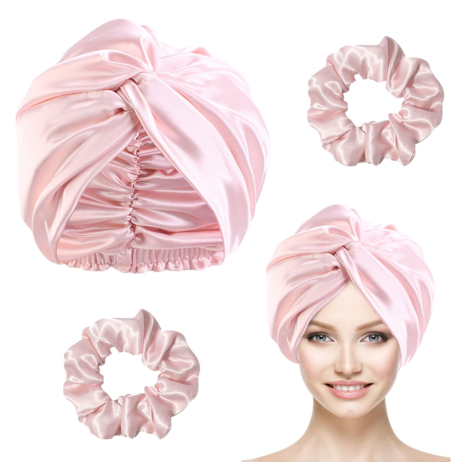 Satin Hair Wrap for Sleeping, Pink Satin Bonnet Double-Sided Sleep Cap Sleep Turban Hair Bonnet with 2 Pcs Hair Scrunchies for Curly Hair Women Silk Sleep Cap with Elastic Bow Stay On Head