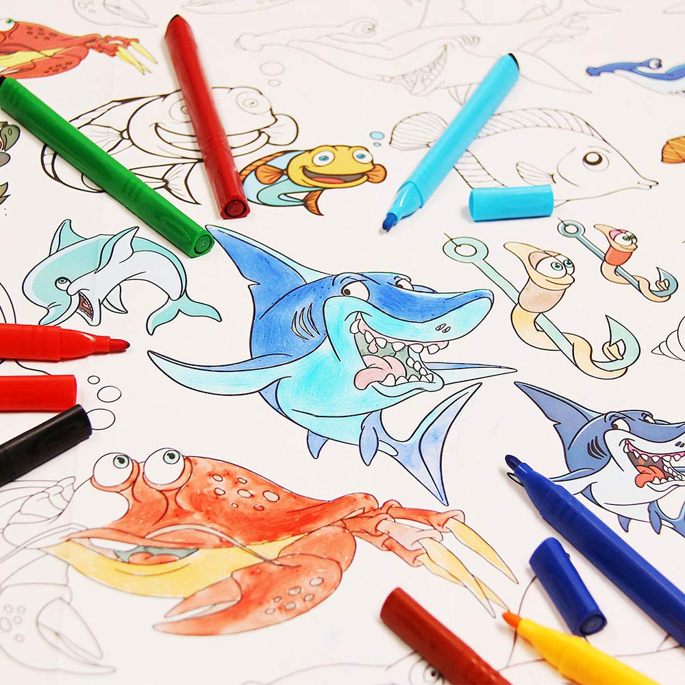 3 in 1 Large Coloring Tablecloth Water Resistant Poster for Kids and Toddlers Colorable Frame «Sea Animals» Fun Painting Activity for Party and Decor Paper Table Doodle Board