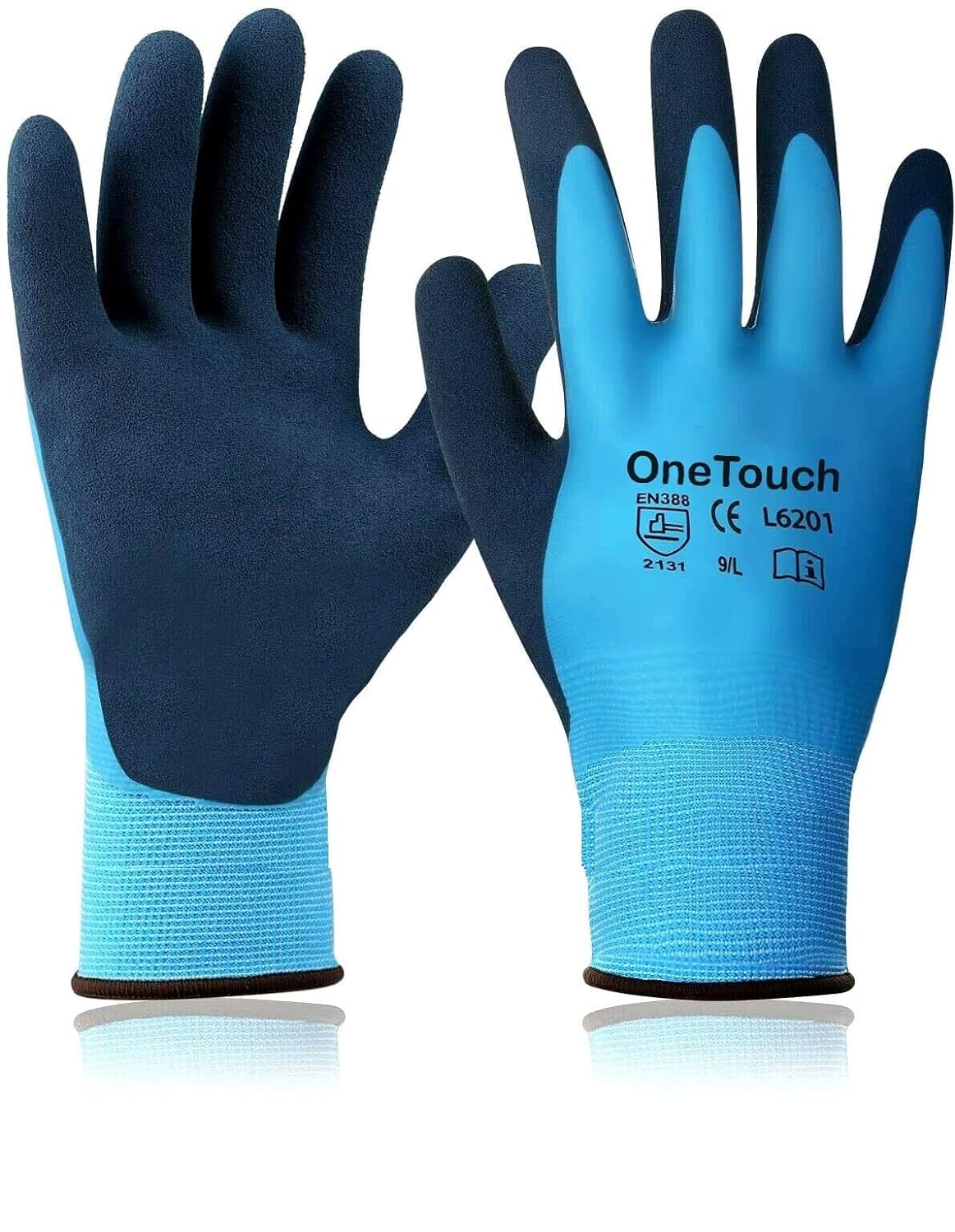 A406 6 Pairs Blue Waterproof Fully Latex Coated Nylon Safety Work Gloves Heavy Duty Grip Gloves Winter Gloves Builder Gloves (Medium/8)