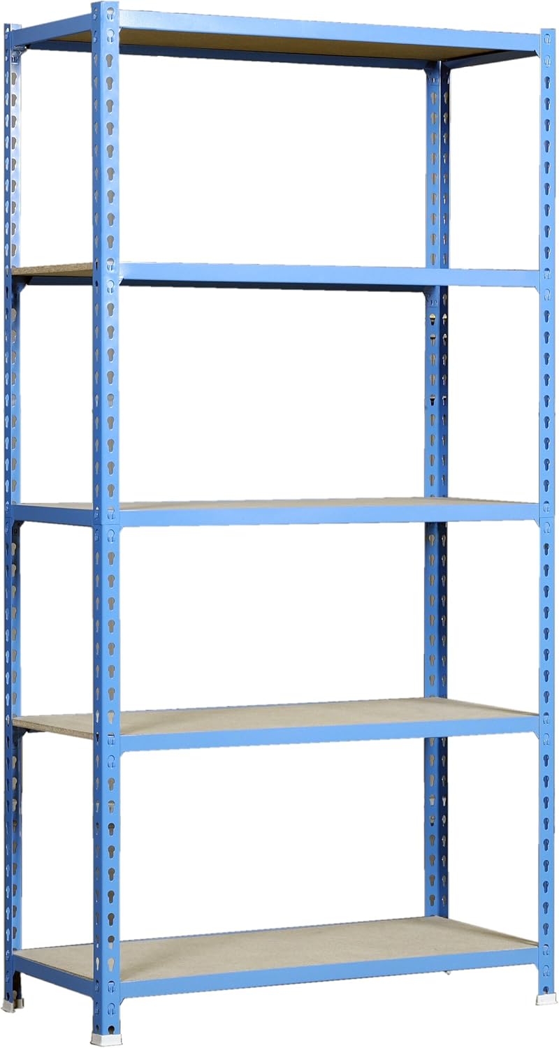 Simon Rack Garage Shelving Unit 1800x900x300 mm, 5 Tier Metal Rack with 16 mm MDF Shelves, 150 kg per Shelf, Blue/Wood - Maderclick - Image 4