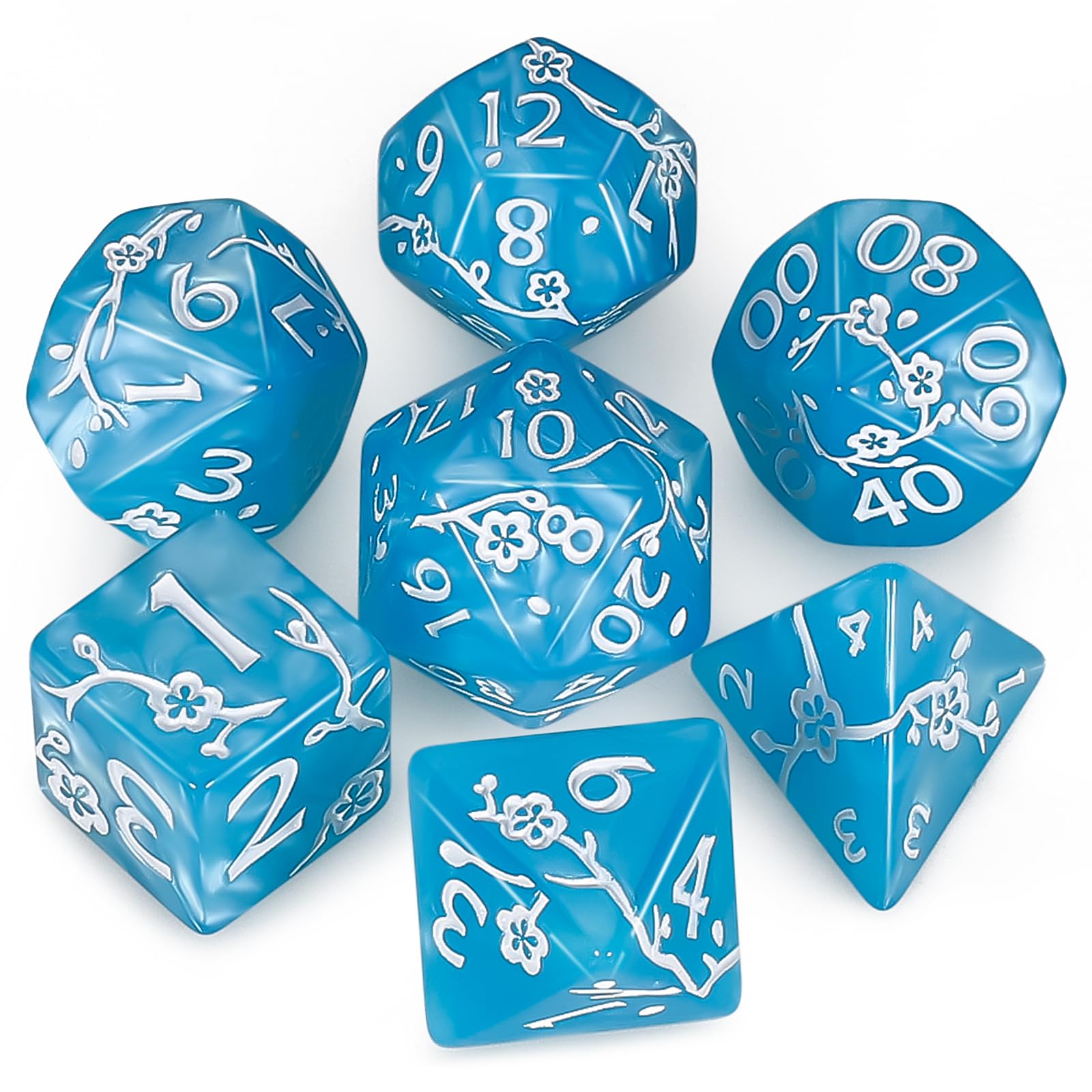 CiaraQ DND Polyhedral Dice Set with Dice Bag for Dungeons and Dragons RPG MTG Role Playing Table Games (Blue dice + White Plum Blossom Pattern)