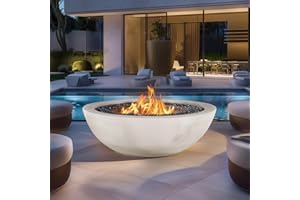 yoyomax 2-Piece Outdoor Propane Fire Pit Table Set w/Tank Cover Table, 25-inch 50,000 BTU CSA Certification Bowl Concrete Firepit with Lava Rocks, Waterproof Cover, White