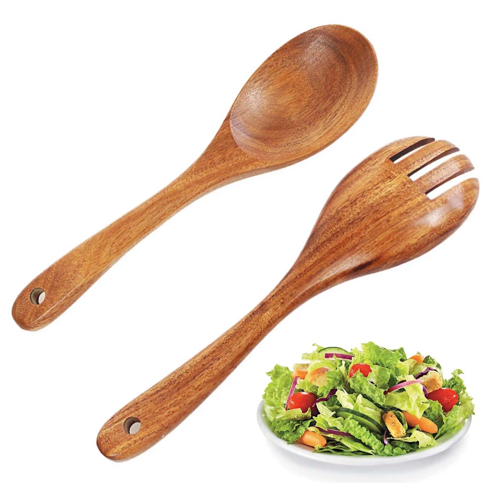 2 Pieces Wood Salad Servers for Nonstick Cookware Kitchen Wooden Baking Salad Making Server