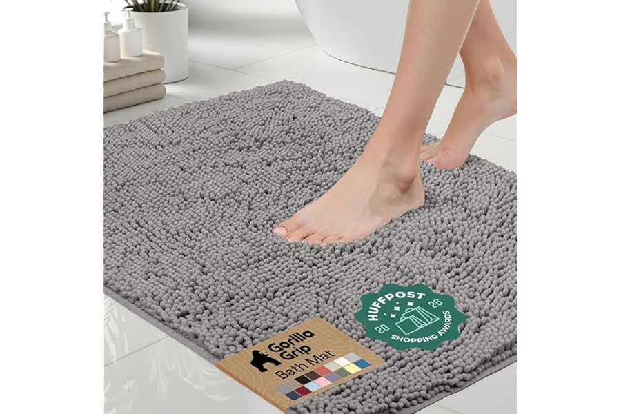 GORILLA GRIP Bath Rug Mat, Thick Soft Absorbent Chenille, Quick Dry Microfiber Mats, Rubber Backing, Machine Washable Shower