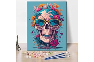 REBOTIPY Colorful Skull Paint by Number, Abstract Skull with Floral Adults' Paint-by-Number Kits, Modern Abstract Art Craft for Home Decor Painting Flameless Oil Painting Kits Gift 16x20 Inch (Frameless)