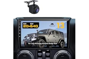 WONVON Upgraded 10" Car Radio Stereo for Jeep Wrangler JK 2007-2018 Dodge Ram 1500 2500 3500 Grand Cherokee, CarPlay/Android Auto/Android 13/2G+64G/GPS Navigation/Backup Camera,Built in Cooling Fan