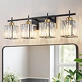 TinHon 28.2" Modern Crystal 4 Light Bathroom Vanity Light Fixture, Matte Black and Gold Crystal Bathroom Lighting Fixtures Ov