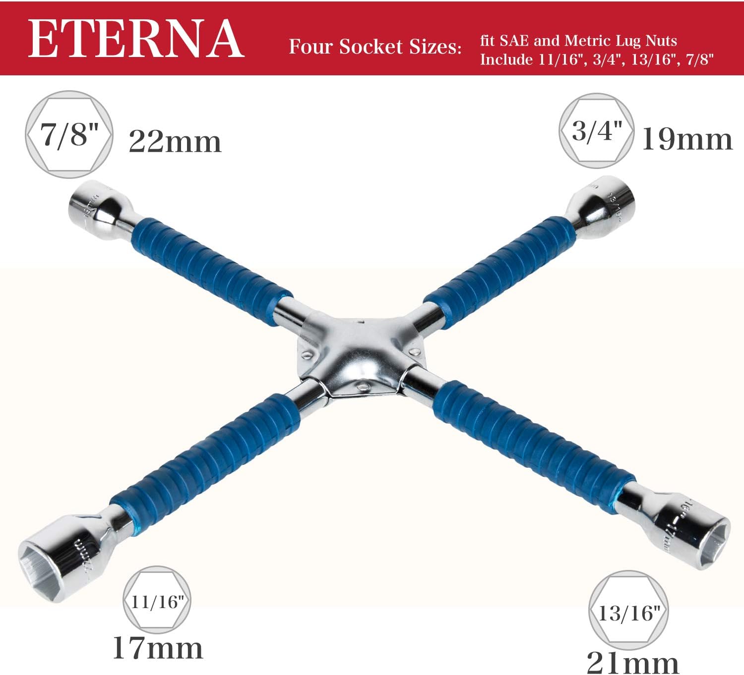 ETERNA Professional 16" Four Way Lug Wrench, Anti-Slip Design Cross Wrench, Heavy Duty Lug Nut Wrench, Carbon Steel Socket Spanner, Universal Car Tire Wheel Repair Tool: Automotive