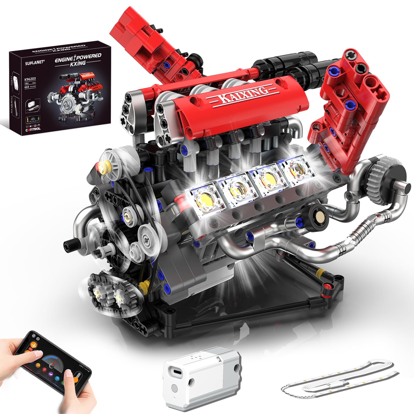 Photo 1 of Suplanet Mini V8 Engine Building Kit That Runs?Engine Building Blocks with LED Light for Adults, Visible Engine Model Set Construction STEM Toy for Kids Boys (660 PCS)