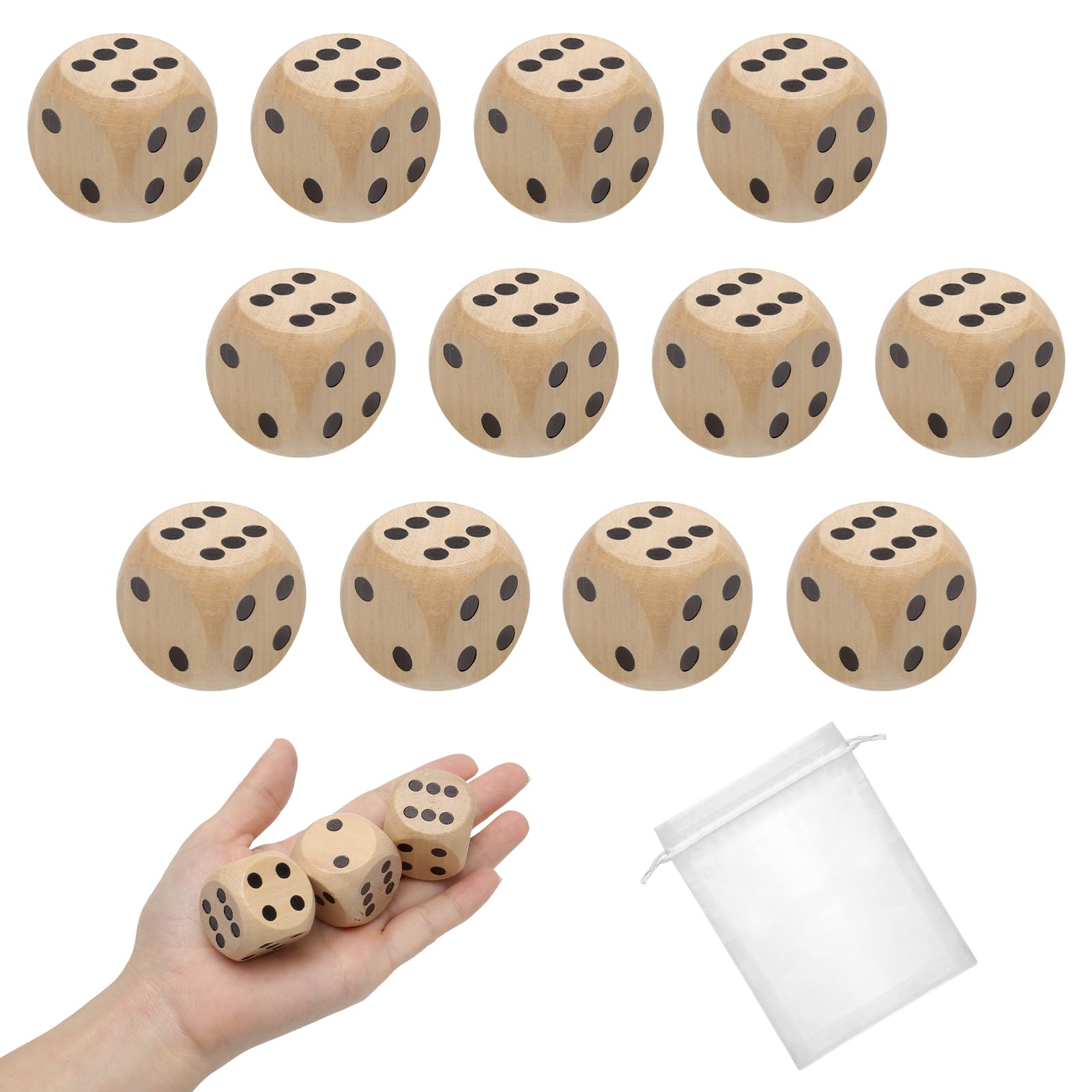 Wooden Dice Set 12pcs 30mm, Large Natural Wood Counting Dice with Carry Bag Montessori Learning Toy, Number Dice for Kids, School & Family Games Gift