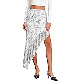 AGECODE Women's High Waisted Asymmetrical Ruched Mesh Flowy Ruffle Trim Midi Long Skirt