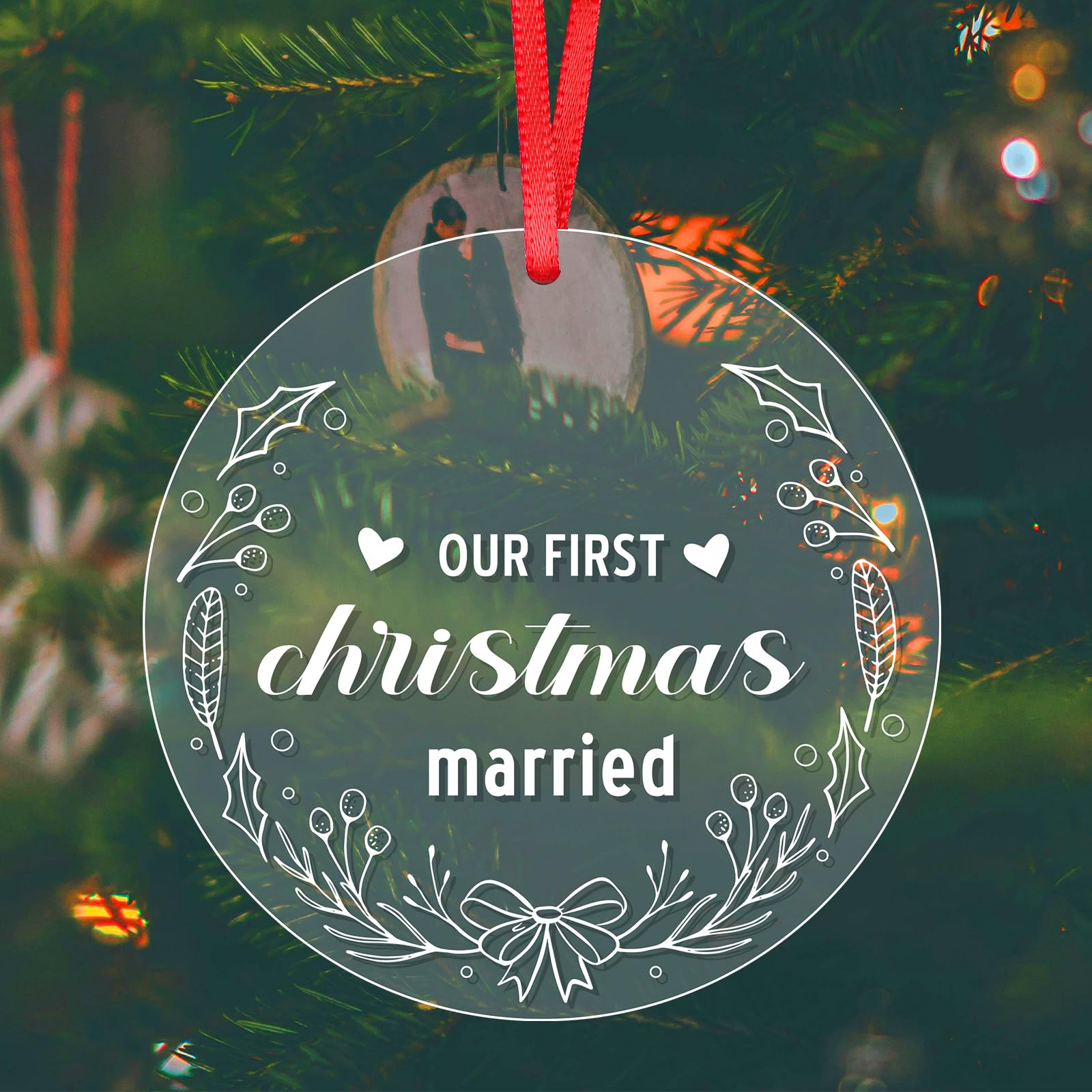 Our First Christmas Married Ornament, Engagement Gifts for Couples Crystal Wedding Bridal Shower Gifts Clear Hanging Decoration for Mr and Mrs Newlyweds (Style 2)