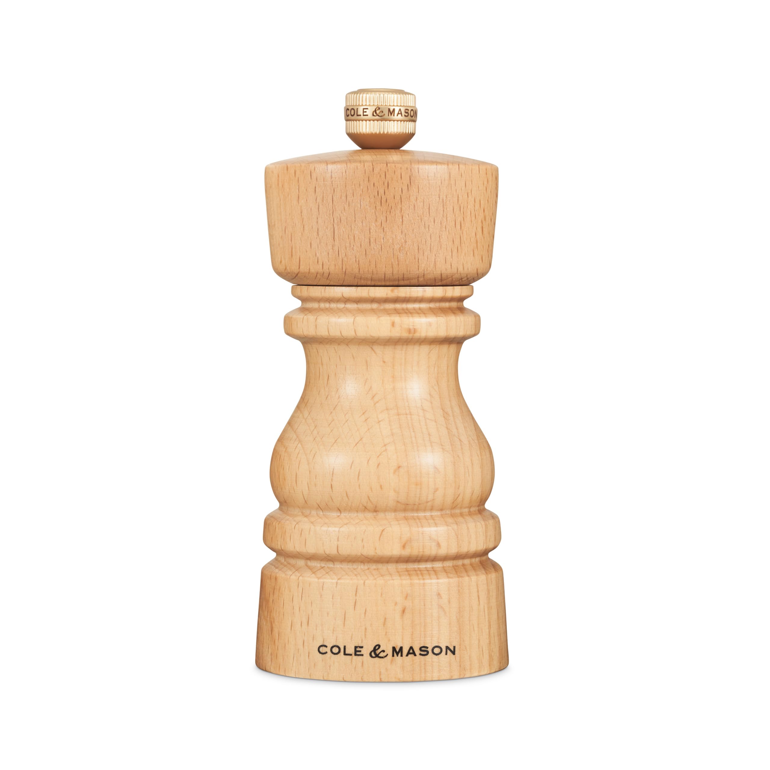Cole & Mason London Natural Beech Salt Mill, Non Corroding Ceramic Mechanism, Salt Grinder with Adjustable Grind, Beech Wood, 130mm, Seasoning Mill, Lifetime Mechanism Guarantee