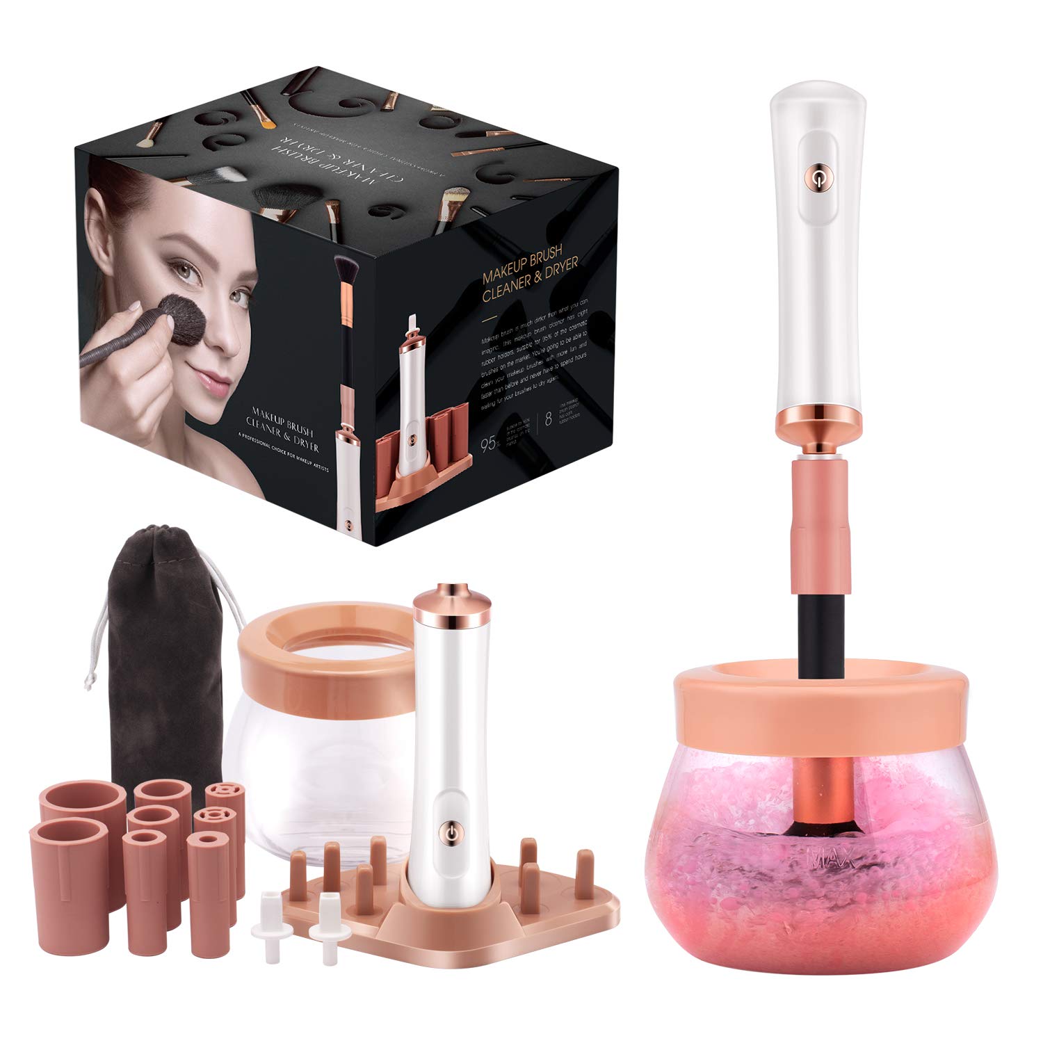 Upgraded Makeup Brush Cleaner and Dryer Machine, Electric Automatic Cosmetic Brush Spinner Fast Wash and Dry Makeup Brushes, Brush Cleaner with 8 Size Rubber Collars and 1 Brush Cleaning Mat: Beauty