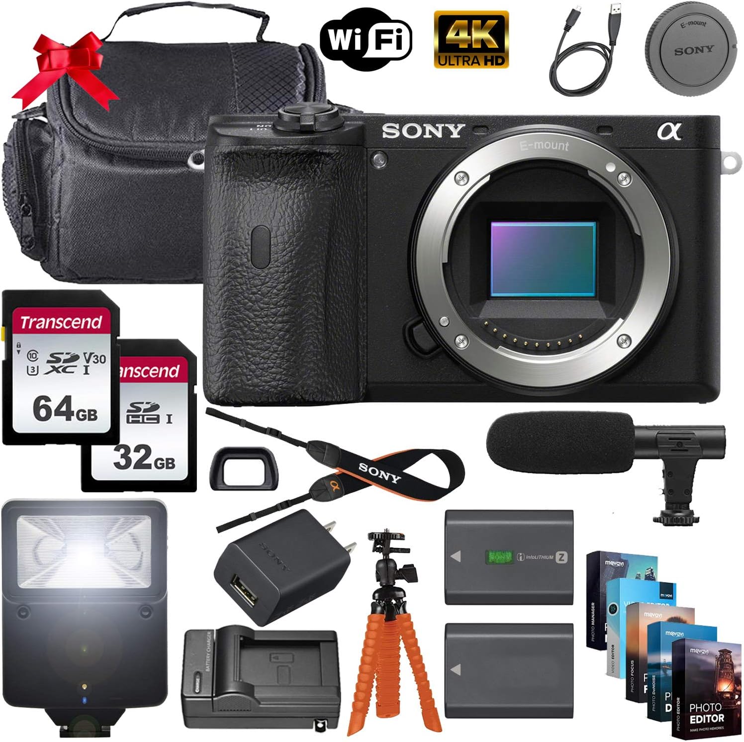 Sony Alpha a6400 Mirrorless Digital Camera 24.2MP 4K (Body Only) + 64GB & 32GB Memory Cards, Sturdy Equipment Carrying Case, Spider Tripod, Camera Flash, Software Kit and More