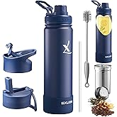 Lexlion Tea Infuser Water Bottle 22 Oz – Triple Wall Insulated Stainless Steel, Loose Leaf & Fruit Strainer, 3 Leakproof Lids, BPA-Free Silicone Sleeve, Reusable Thermal Mug