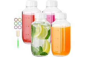 BIGIVACA 4 Pack 16 oz Glass Juice Bottles with Lids - Glass Milk Bottles with Scale - Square Reusable Drinking Bottle for Cof