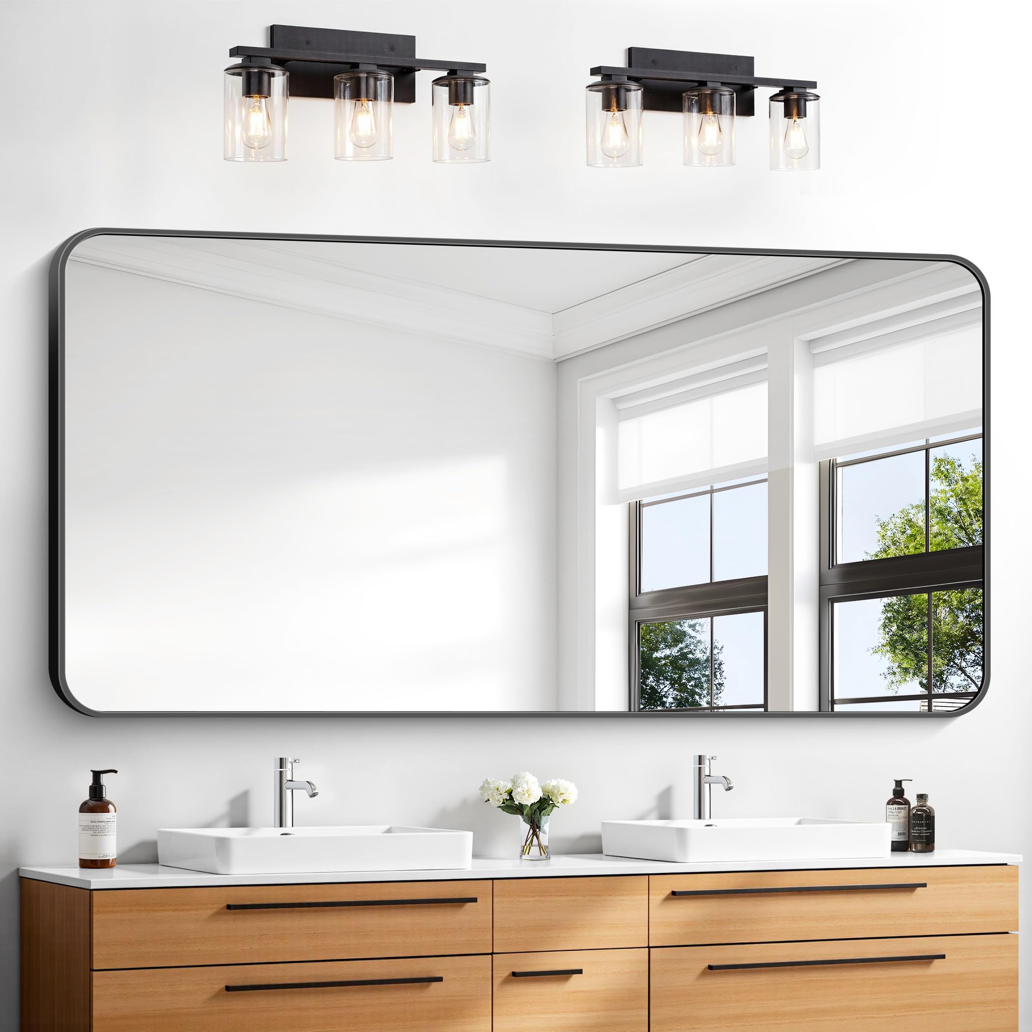 View 1 of ***OPENED FOR INSPECTION ***BONEWEI 30x60 inch Bathroom Mirror,Black Rectangle Mirror,Wall Mounted Bathroom Frame Vanity Mirror with Round Corner for Bedroom Living Room, Entryway Hangs Horizontal or Vertical