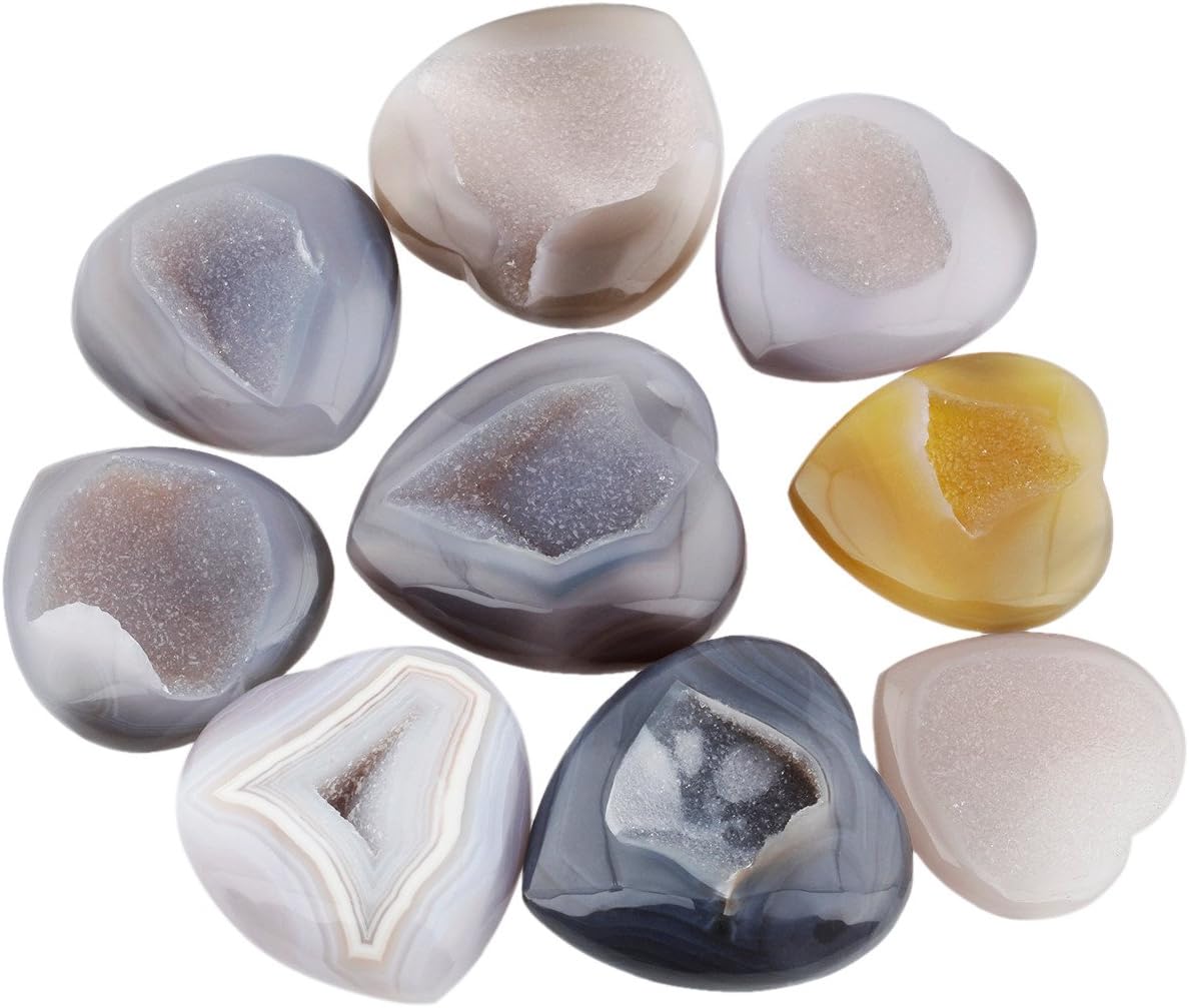 Shanxing Agate Geode Crystal Puff Heart Worry Healing Stone Palm Chakra Reiki 1.7"-2.4", Grey - Image 5
